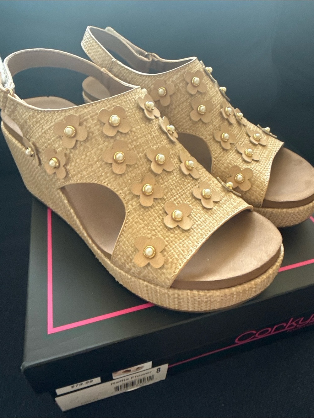 Corkys Tan Floral Pearl-Embellished Wedge Sandals sz8